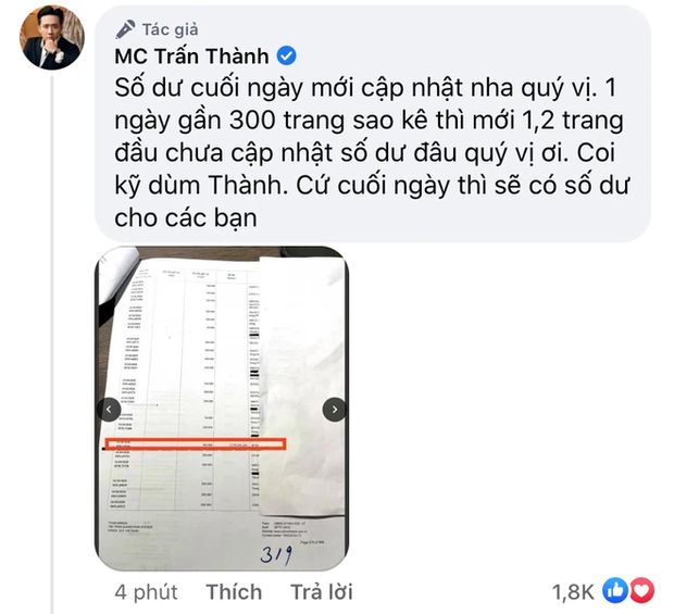 Netizen soi bằng được 1 chi tiết bất hợp lý trong sao kê, Trấn Thành lập tức lên tiếng: Coi kỹ dùm Thành! - Ảnh 2.