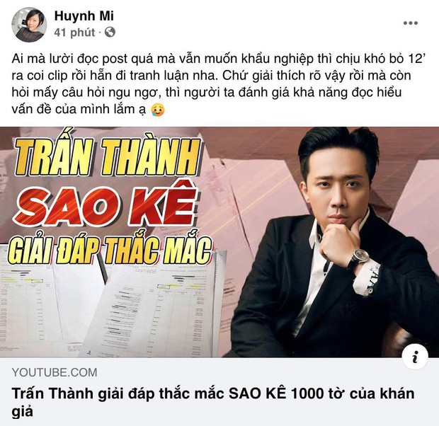 Nóng giữa đêm: Em gái ruột Trấn Thành lên tiếng về cơn bão sao kê, thẳng mặt cà khịa netizen vì khả năng đọc hiểu - Ảnh 2.