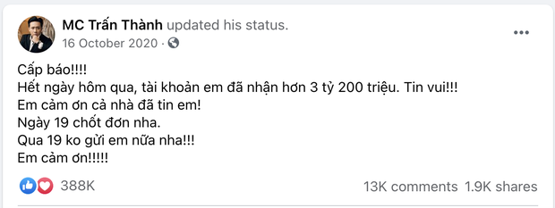 Trấn Thành từng thông báo nhận 3,2 tỷ đồng sau 3 ngày kêu gọi, netizen phát hiện số liệu không khớp với sao kê thực tế? - Ảnh 1. Trấn Thành từng thông báo nhận 3,2 tỷ đồng sau 3 ngày kêu gọi, netizen phát hiện số liệu không khớp với sao kê thực tế? - Ảnh 1.