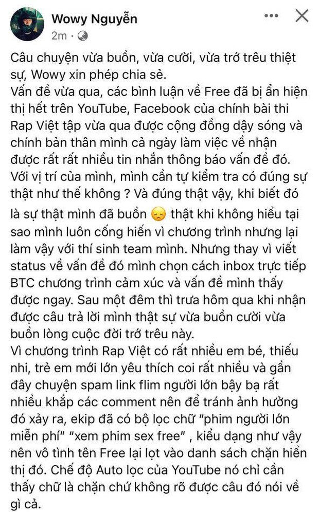Rap Việt thừa nhận làm bốc hơi bình luận về học trò Wowy nhưng lời giải thích liệu có hợp lý? - Ảnh 2. Rap Việt thừa nhận làm bốc hơi bình luận về học trò Wowy nhưng lời giải thích liệu có hợp lý? - Ảnh 2.