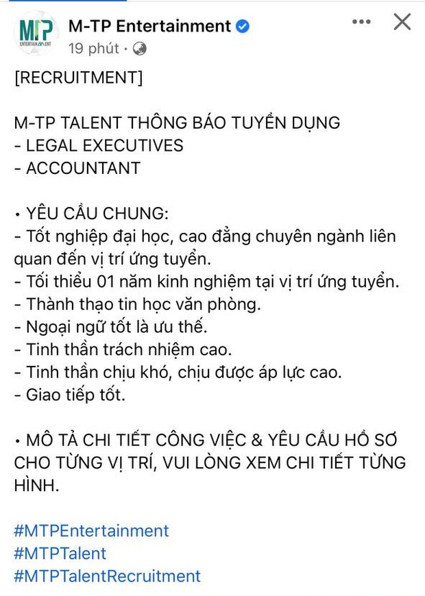 Công ty Sơn Tùng tuyển 10 vị trí trong 2 tháng nhưng fan cứ đòi nằng nặc tuyển vị trí này thì mãi chẳng thấy đâu - Ảnh 1. Công ty Sơn Tùng tuyển 10 vị trí trong 2 tháng nhưng fan cứ đòi nằng nặc tuyển vị trí này thì mãi chẳng thấy đâu - Ảnh 1.