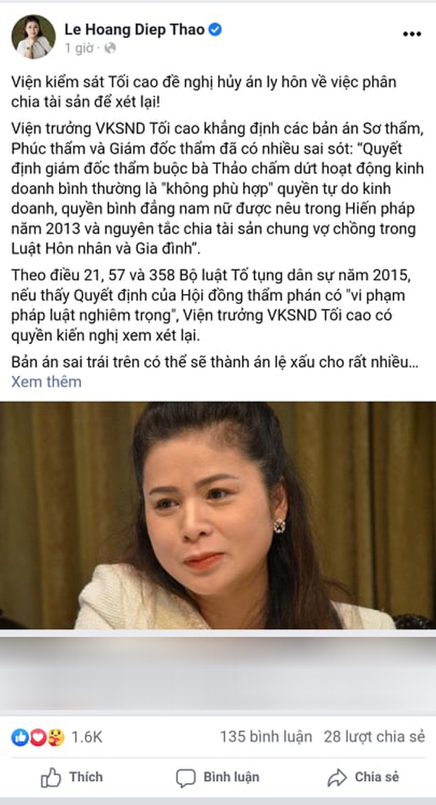 Sau thông tin xem xét hủy án ly hôn, bà Lê Hoàng Diệp Thảo đã có động thái đầu tiên - Ảnh 2. Sau thông tin xem xét hủy án ly hôn, bà Lê Hoàng Diệp Thảo đã có động thái đầu tiên - Ảnh 2.