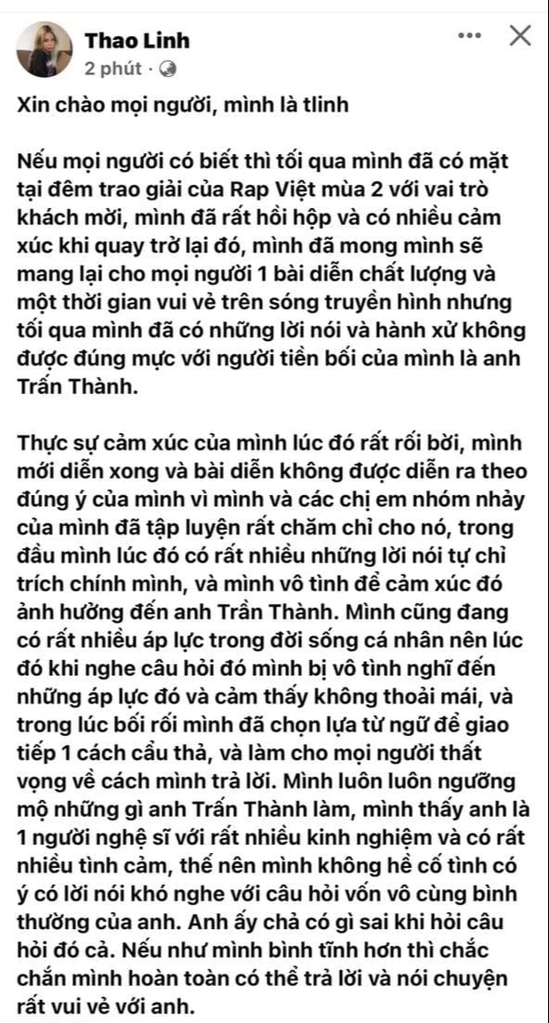 NÓNG: tlinh chính thức lên tiếng xin lỗi Trấn Thành sau màn phỏng vấn ở Rap Việt - Ảnh 1.