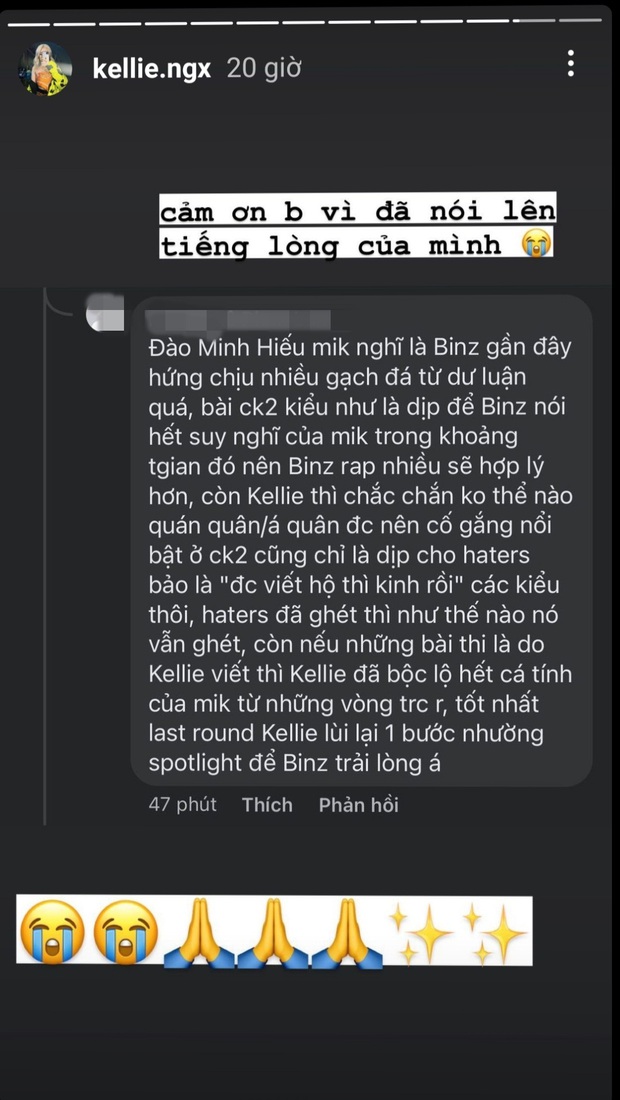 Kellie đồng tình với 1 bình luận, như ngầm khẳng định mình cố ý nhường spotlight cho HLV Binz trải lòng tại Gala Rap Việt? - Ảnh 3. Kellie đồng tình với 1 bình luận, như ngầm khẳng định mình cố ý nhường spotlight cho HLV Binz trải lòng tại Gala Rap Việt? - Ảnh 3.
