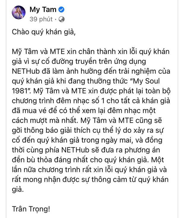 Mỹ Tâm xin lỗi khán giả vì sự cố trong đêm nhạc online đầu tiên, hứa làm một điều khiến fan thỏa lòng - Ảnh 1. Mỹ Tâm xin lỗi khán giả vì sự cố trong đêm nhạc online đầu tiên, hứa làm một điều khiến fan thỏa lòng - Ảnh 1.