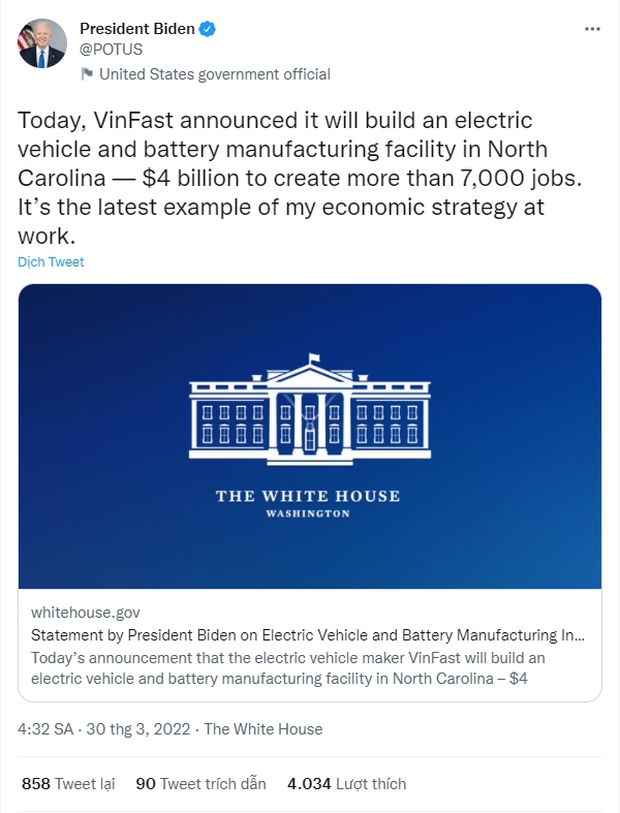Tổng thống Joe Biden đích thân thông báo VinFast đổ 4 tỷ USD xây nhà máy ô tô điện tại Mỹ - Ảnh 1. Tổng thống Joe Biden đích thân thông báo VinFast đổ 4 tỷ USD xây nhà máy ô tô điện tại Mỹ - Ảnh 1.