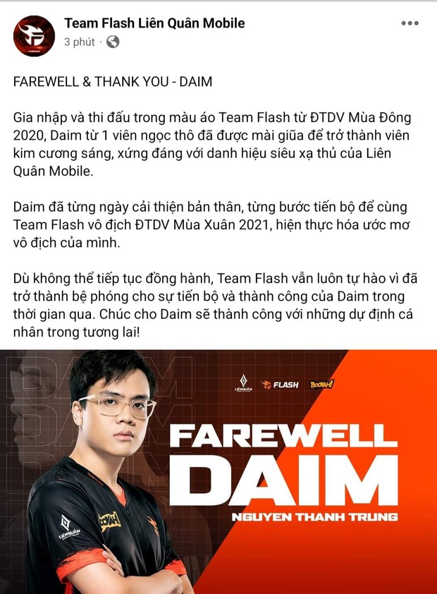 Chính thức: Xạ thủ Daim rời Team Flash sau hàng loạt nghi vấn không được trọng dụng - Ảnh 1.