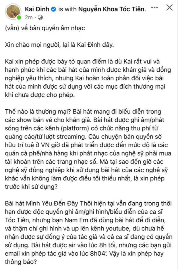 Nam Em was accused by a musician of covering Toc Tien's exclusive song without asking for permission, but he also posted it on YouTube illegally?  - Photo 1.