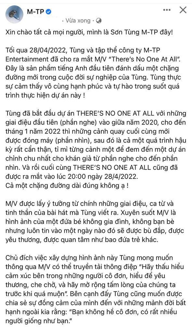 NÓNG: Sơn Tùng lên tiếng xin lỗi, ngưng phát hành MV Theres No One At All tại Việt Nam! - Ảnh 1.