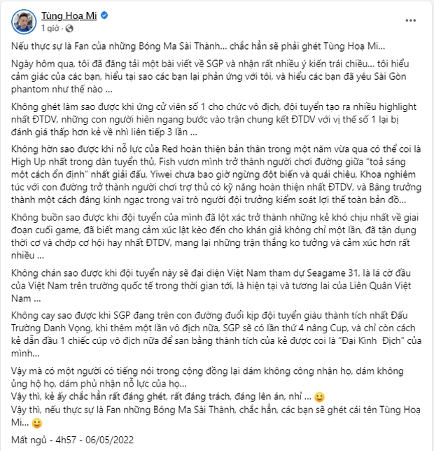 BLV Tùng Họa Mi bất ngờ đăng tâm thư sau hàng loạt cáo buộc có “ác cảm” với Saigon Phantom - Ảnh 3. BLV Tùng Họa Mi bất ngờ đăng tâm thư sau hàng loạt cáo buộc có “ác cảm” với Saigon Phantom - Ảnh 3.