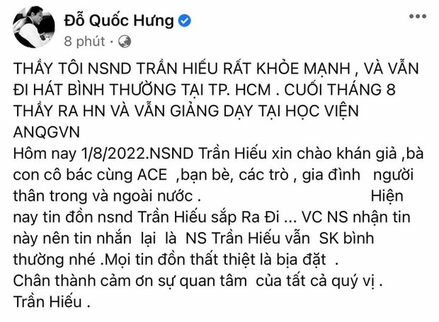 Vợ NSND Trần Hiếu bác bỏ tin đồn nghệ sĩ ốm thập tử nhất sinh, khó qua khỏi - Ảnh 3.