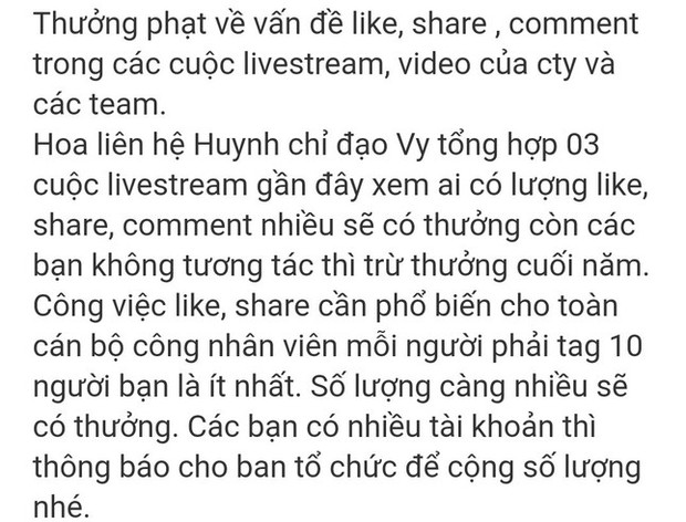Thực hư thông tin bị cắt thưởng Tết vì không like, không share livestream của giám đốc - Ảnh 1. Thực hư thông tin bị cắt thưởng Tết vì không like, không share livestream của giám đốc - Ảnh 1.