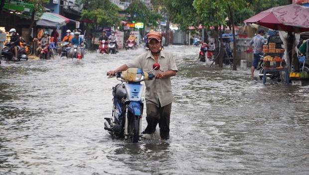 Loạt ảnh người dân TPHCM hì hục dắt xe qua đoạn đường ngập ngày triều cường dâng cao - Ảnh 3.