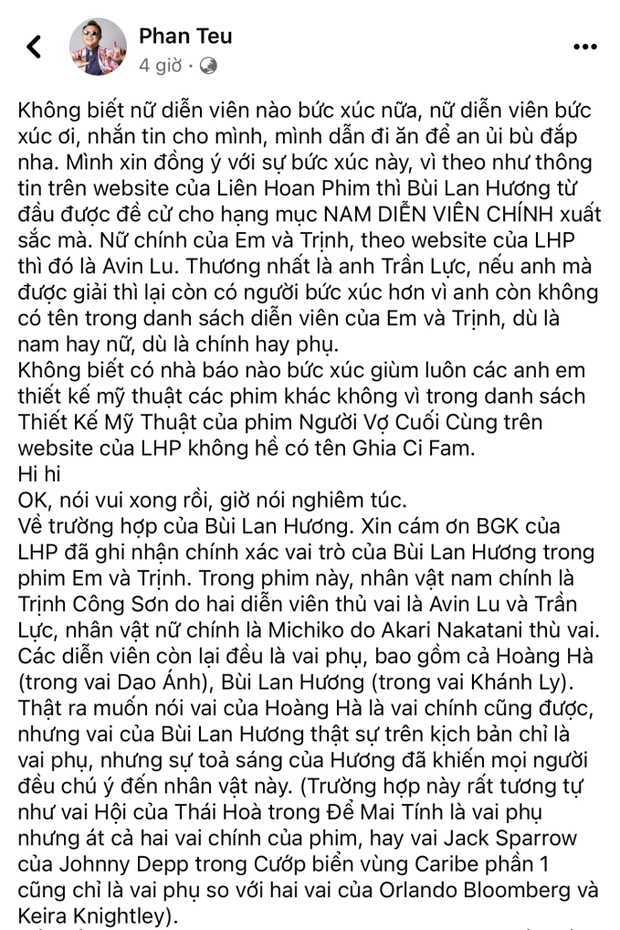 Một nữ diễn viên bức xúc khi Bùi Lan Hương đoạt giải ở Bông Sen Vàng, đạo diễn Em Và Trịnh lên tiếng - Ảnh 2.