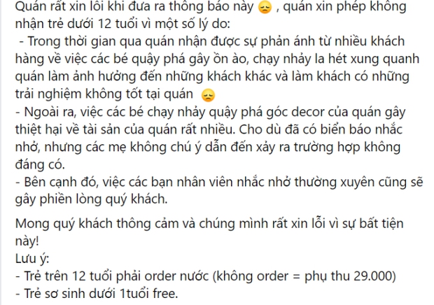 Quán cafe ở TP.HCM thông báo không tiếp trẻ dưới 12 tuổi cùng bằng chứng gây bức xúc: Bao giờ phụ huynh mới thôi bài ca trẻ nhỏ biết gì! - Ảnh 1.