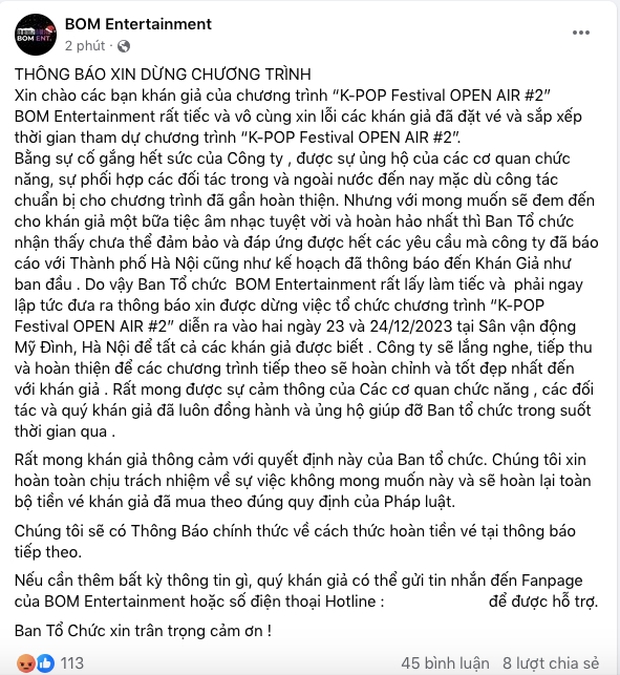 BTC thông báo hủy show Giáng sinh tại Mỹ Đình và cam kết hoàn tiền vé cho khán giả