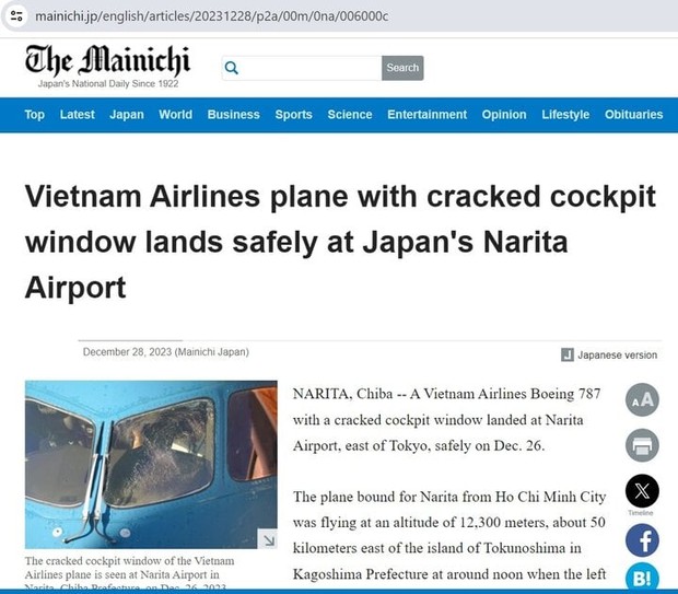 Báo Nhật: Máy bay Vietnam Airlines nứt kính buồng lái, hạ cánh an toàn ở Nhật - Ảnh 3.