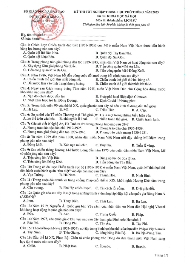 Đề thi đua minh họa đảm bảo chất lượng nghiệp trung học phổ thông năm 2023 môn Lịch sử - Hình ảnh 1.