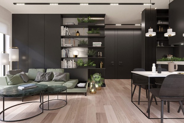Căn hộ 54m2 ấn tượng với sự kết hợp mới lạ màu đen và xanh lá - Ảnh 1.