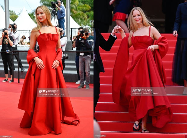 Thảm đỏ Cannes 2023 ngày 6: Jennifer Lawrence đi dép xỏ ngón, Lưu Thi Thi - Joo Ji Hoon đẹp bất chấp “ống kính hung thần” - Ảnh 2.