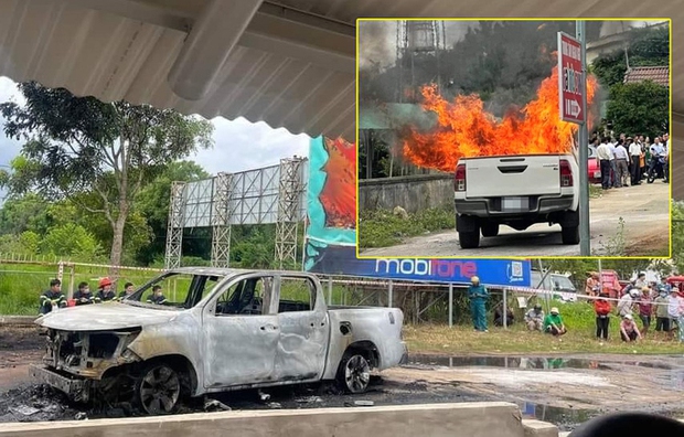 Lâm Đồng: Xe bán tải phát nổ rồi bốc cháy, tài xế tử vong - Ảnh 1.