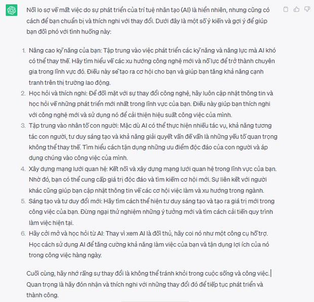 ChatGPT và chatbot AI của Việt Nam nói gì khi được hỏi: Sợ bị mất việc vì AI, cần làm gì? - Ảnh 3.
