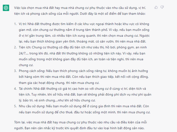Cùng hỏi có 5 tỷ đồng thì nên mua nhà đất hay nhà chung cư, ChatGPT và chatbot AI của Việt Nam trả lời khác nhau ra sao? - Ảnh 3. Cùng hỏi có 5 tỷ đồng thì nên mua nhà đất hay nhà chung cư, ChatGPT và chatbot AI của Việt Nam trả lời khác nhau ra sao? - Ảnh 3.