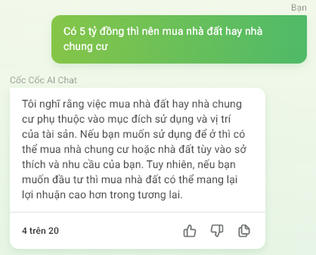 Cùng hỏi có 5 tỷ đồng thì nên mua nhà đất hay nhà chung cư, ChatGPT và chatbot AI của Việt Nam trả lời khác nhau ra sao? - Ảnh 1.