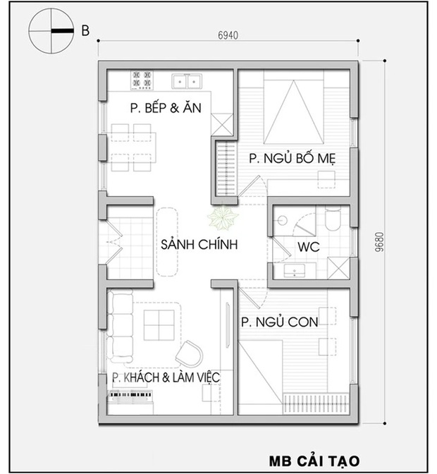 Cải tạo và bố trí nội thất nhà tập thể cũ 67m2 ở Hà Nội - Ảnh 2.