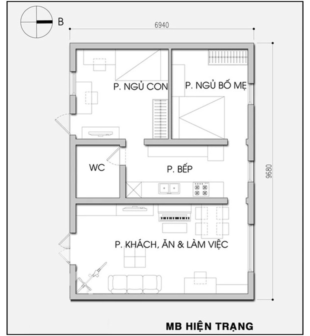 Cải tạo và bố trí nội thất nhà tập thể cũ 67m2 ở Hà Nội - Ảnh 1.