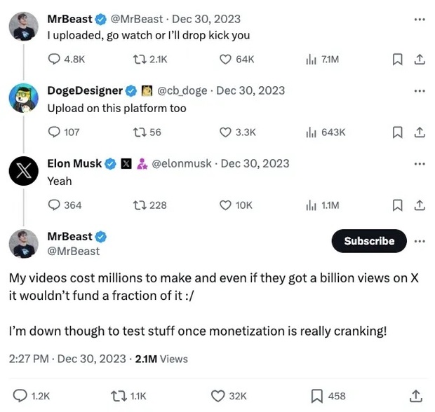 Bị Elon Musk gạ tải video lên X, YouTuber số 1 thế giới MrBeast từ chối thẳng thừng: Tiền thu về chẳng bõ chi phí sản xuất - Ảnh 2.