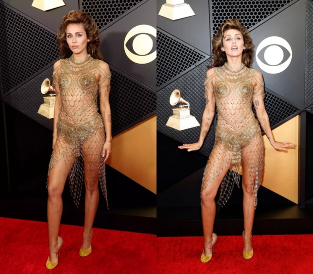 Miley Cyrus tried to dress with a 100% nude look at the 2024 Grammys, unexpectedly being overshadowed by big busty sister Mariah Carey at an important moment - Photo 4.