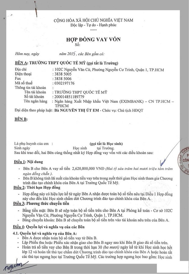 Phụ huynh tiết lộ hợp đồng cho trường quốc tế ở TP.HCM vay 2,6 tỷ đồng: Nội dung cụ thể bên trong có những gì? - Ảnh 2.