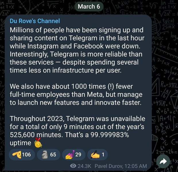 Facebook sập mất một tiếng, CEO Telegram đã lên đá xéo: Telegram chỉ dừng hoạt động có 9 phút trong cả năm 2023 thôi - Ảnh 1.