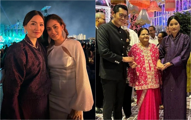 Hoàng hậu vạn người mê của Bhutan dự tiệc nhà tỷ phú giàu nhất châu Á: Xinh đẹp ngút ngàn, hiếm hoi thể hiện cử chỉ thân mật với chồng - Ảnh 3.