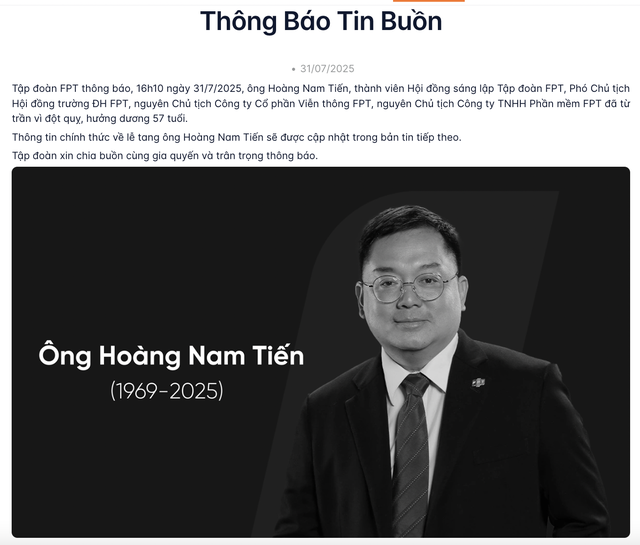 Thông báo chính thức từ tập đoàn FPT về sự ra đi đột ngột của ông Hoàng Nam Tiến- Ảnh 1.
