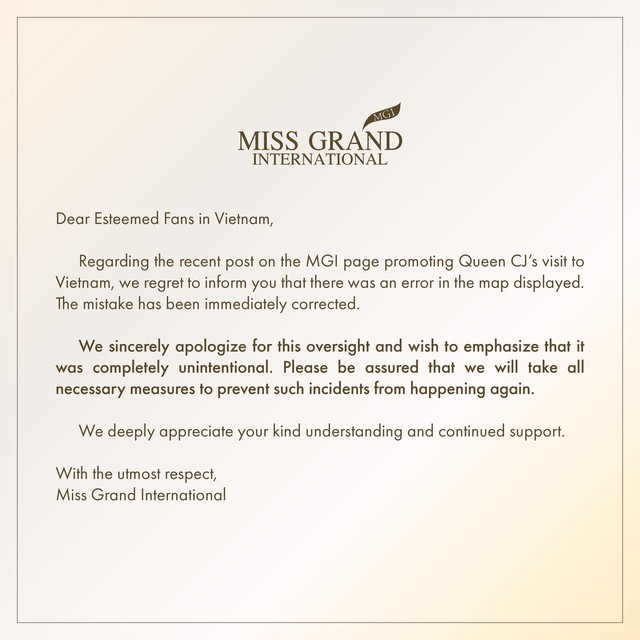 Miss Grand chính thức lên tiếng xin lỗi sau khi gây phẫn nộ vì đăng ảnh bản đồ Việt Nam thiếu Hoàng Sa, Trường Sa- Ảnh 2.