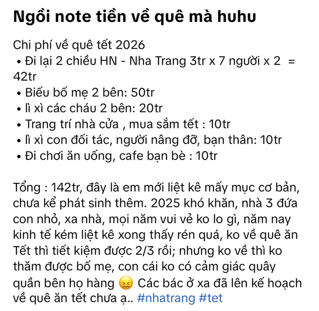 Bảng thống k&ecirc; "nghẹt thở": Chi 142 triệu cho gia đ&igrave;nh 5 người về qu&ecirc; ăn Tết- Ảnh 2.