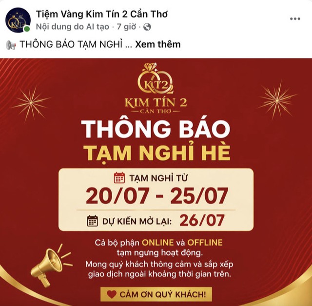 Tiệm vàng nổi tiếng Cần Thơ thông báo “tạm nghỉ hè” 5 ngày: Vì sao phải sửa bài đăng sau khi viral?- Ảnh 1.