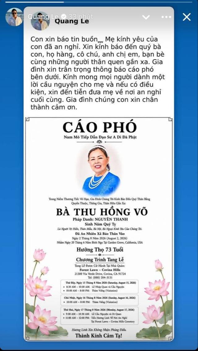 Th&ocirc;ng tin c&aacute;o ph&oacute; của mẹ ca sĩ Quang L&ecirc;- Ảnh 2.
