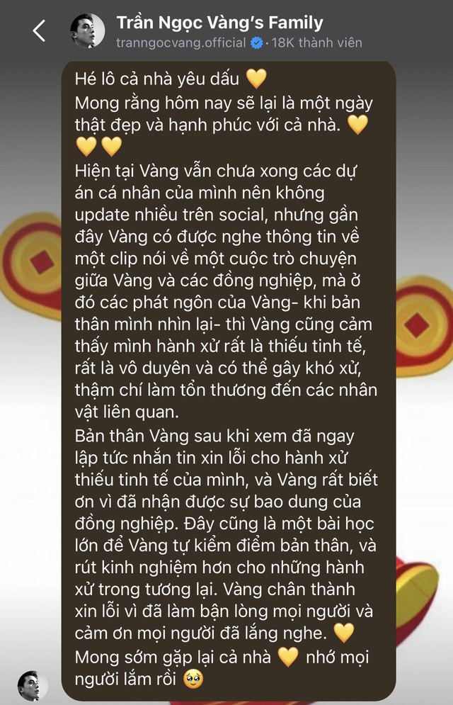 Trần Ngọc V&agrave;ng xin lỗi giữa loạt "biến" căng: "M&igrave;nh đ&atilde; h&agrave;nh xử rất thiếu tinh tế, rất v&ocirc; duy&ecirc;n..." - Ảnh 3.