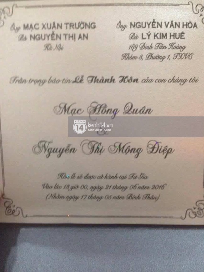 HOT: Lộ thiệp cưới của Mạc Hồng Qu&acirc;n - Kỳ H&acirc;n - Ảnh 2.