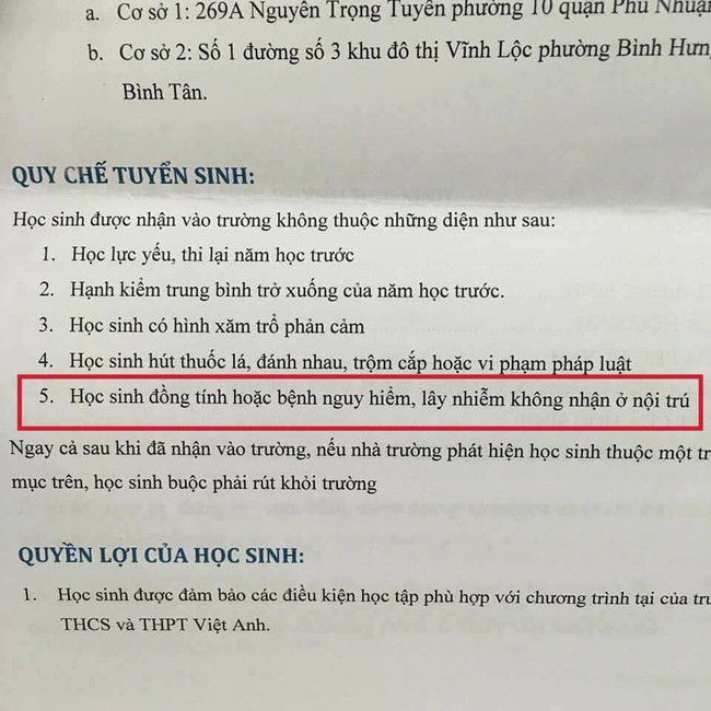 Một trường học ở TP. HCM ra quy chế không nhận học sinh đồng tính hoặc bệnh nguy hiểm - Ảnh 1.