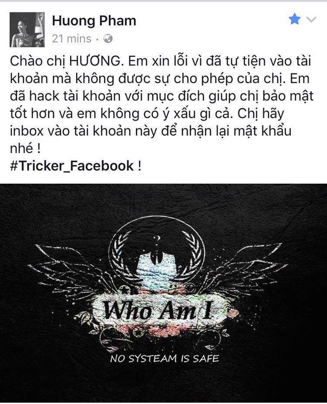 Hacker gửi t&acirc;m thư cho Phạm Hương khi hack t&agrave;i khoản Facebook - Ảnh 1.