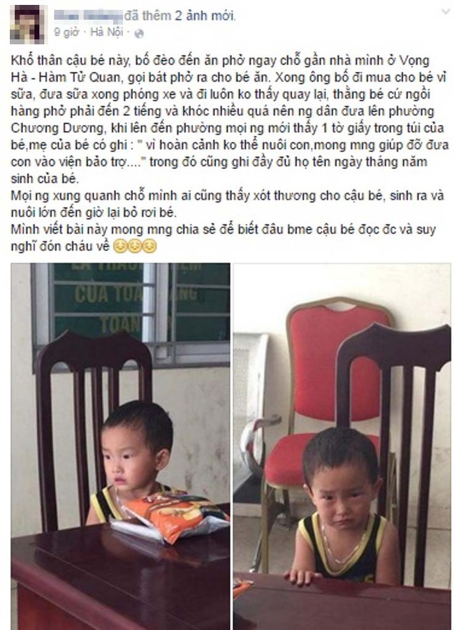 Hà Nội: Bé trai 2 tuổi bị bỏ rơi ở quán phở cùng bức thư “bố đi tù, mẹ không đủ sức nuôi” - Ảnh 1.