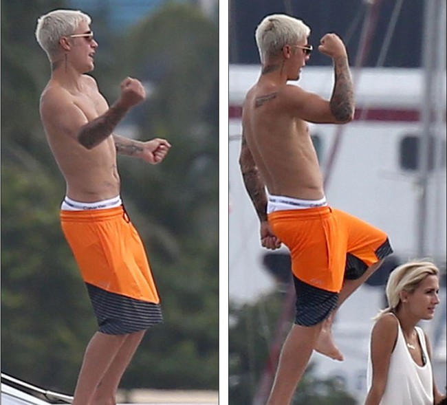 Justin Bieber lộ vòng 3 vì mặc nội y trắng ướt sũng khi chơi trên biển - Ảnh 8.