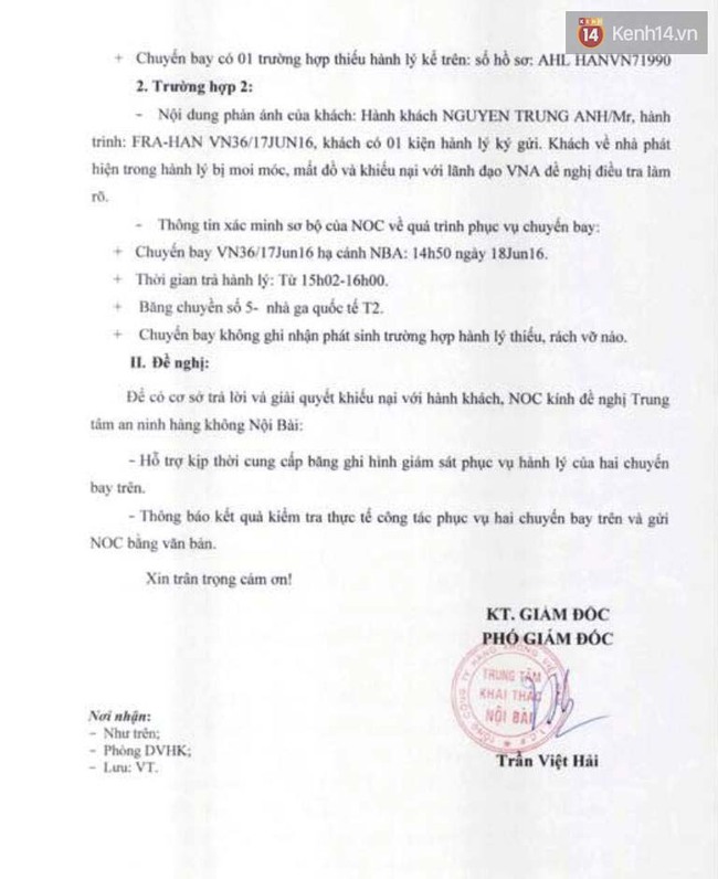 Vụ khách mất 14kg hành lý: VNA gửi văn bản đề nghị An ninh Nội Bài cung cấp camera giám sát - Ảnh 2.