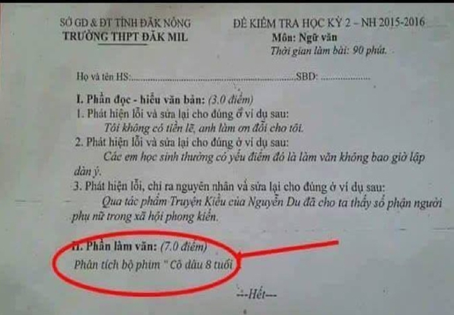 Thực hư đề thi ph&acirc;n t&iacute;ch phim C&ocirc; d&acirc;u 8 tuổi g&acirc;y x&ocirc;n xao dư luận - Ảnh 1.