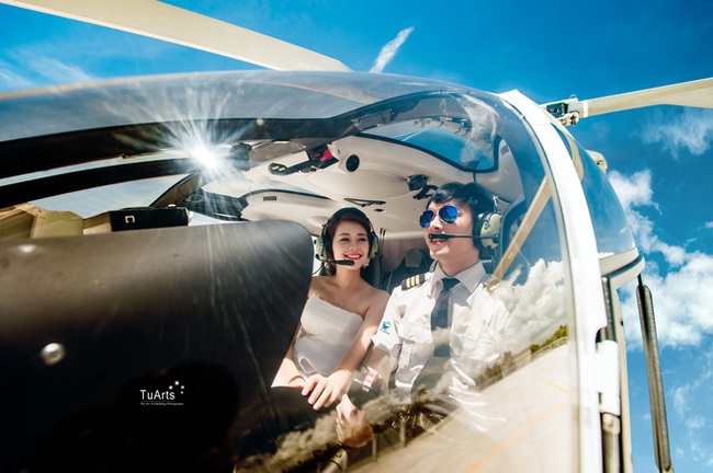 Ảnh cưới sang chảnh trên trực thăng của cặp đôi Hà Thành - Ảnh 1.