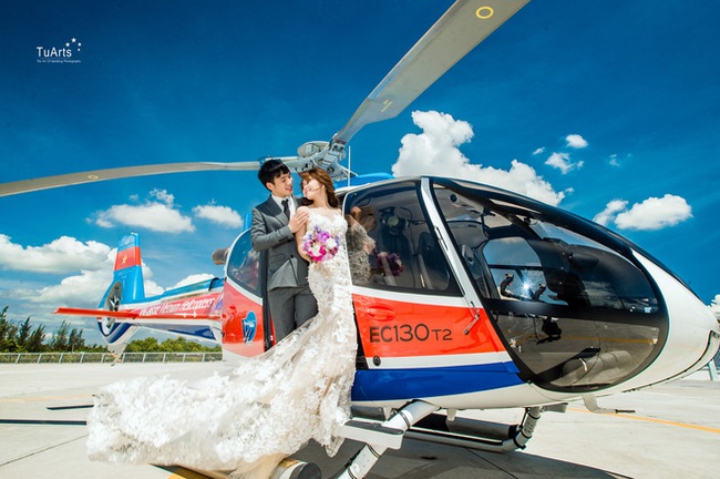 Ảnh cưới sang chảnh trên trực thăng của cặp đôi Hà Thành - Ảnh 3.